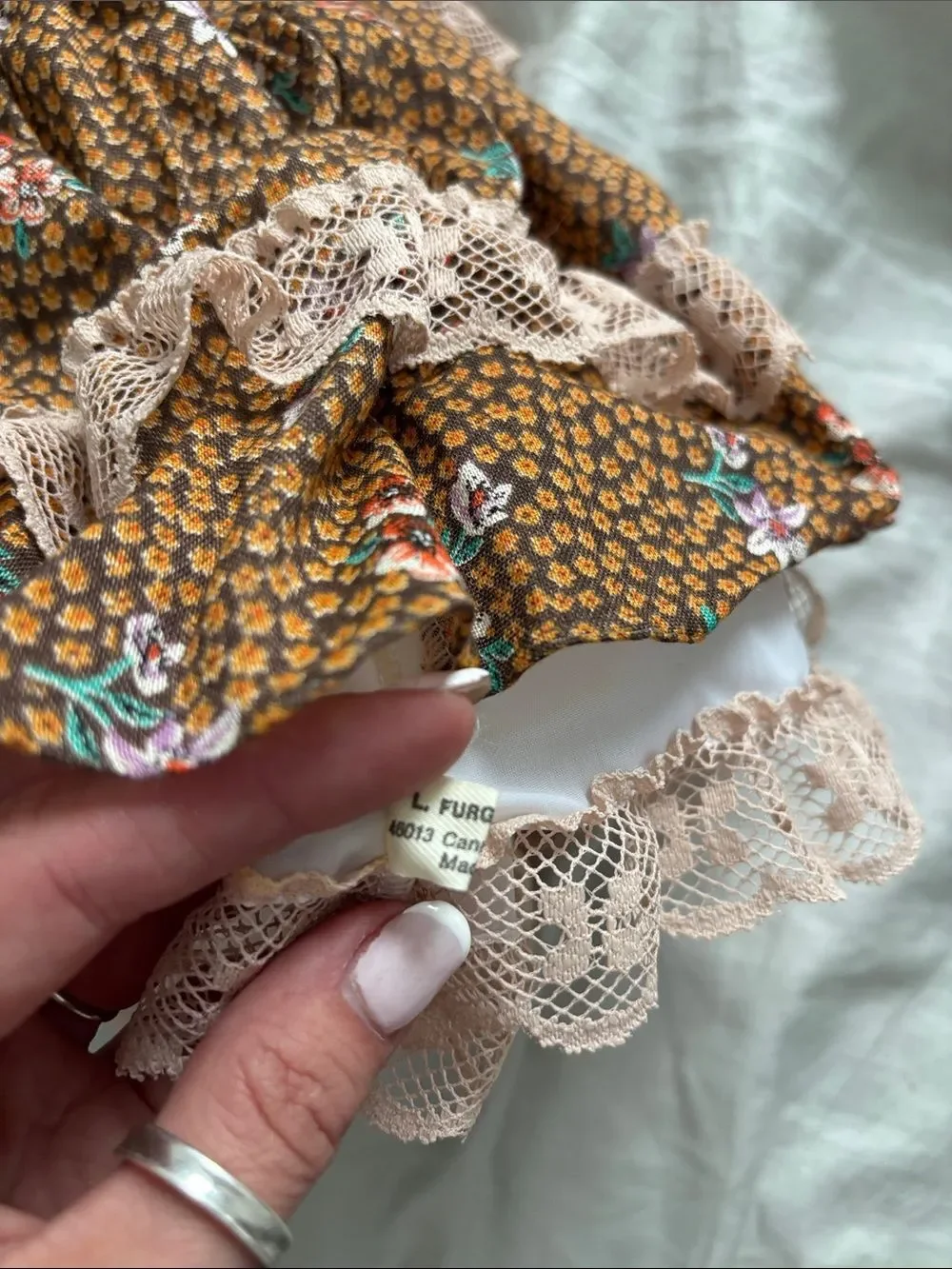 Collectible doll made in Italy, Vintage antique in Brown Floral with Pink Lace